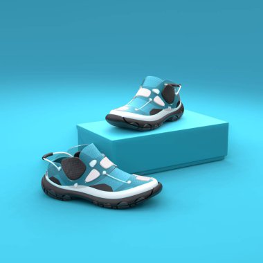 Footwear concept with box package on blue background. Package design. 3d illustration. clipart