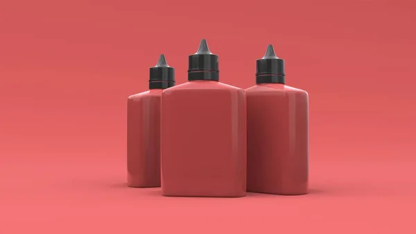 Mockup Tre Plast Vape Flytande Flaska Den Röda Bakgrunden Förpackningsdesign — Stockfoto