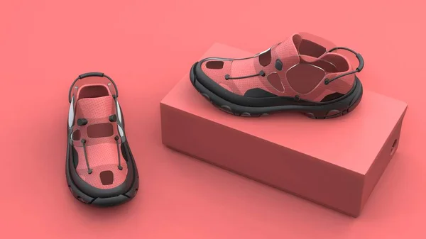 Concept Chaussures Avec Boîte Sur Fond Rouge Design Moderne Illustration — Photo