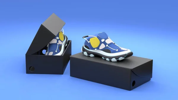 Концепція Взуття Коробковим Пакетом Синьому Фоні Дизайн Пакунків Ілюстрація — стокове фото