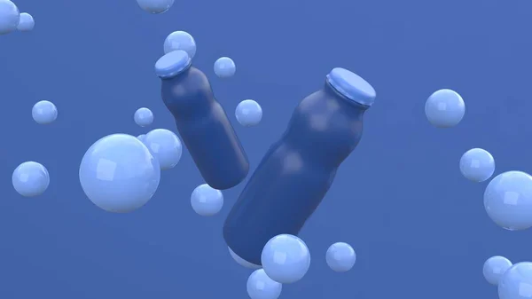 Две Бутылки Летят Воздухе Голубом Фоне Плавающими Шарами Дизайн Упаковки — стоковое фото