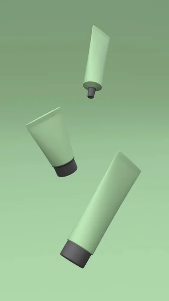 Műanyag Csövek Mockup Repül Levegőben Zöld Háttér Csomagtervezés Illusztráció — Stock Fotó