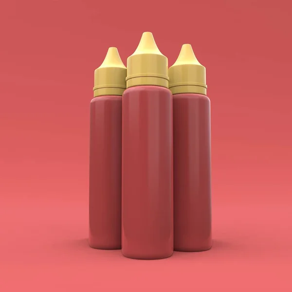 Kırmızı arkaplandaki üç plastik şişenin maketi. Paket tasarımı. 3d illüstrasyon.