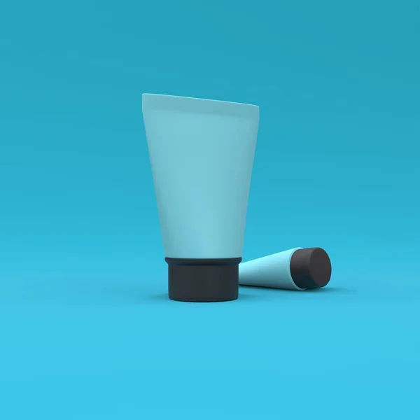 Műanyag Csövek Mockup Kozmetikumok Sapkával Kék Alapon Csomagtervezés Illusztráció — Stock Fotó