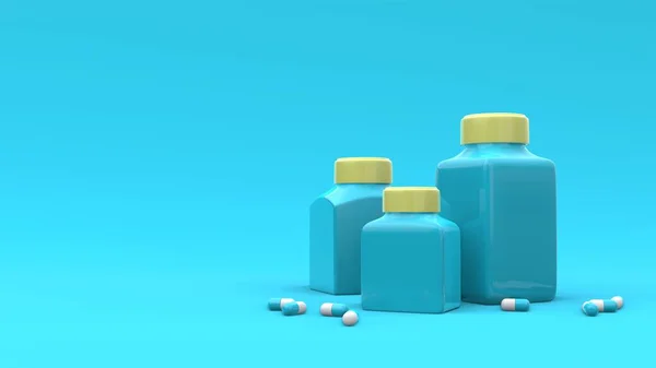 Medicamentos Garrafas Plástico Com Pílulas Torno Fundo Azul Projeto Pacote — Fotografia de Stock