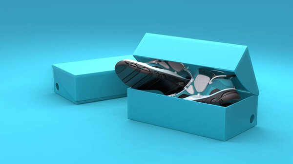 Pair of shoes in box package on the blue background. Modern design. 3d illustration.