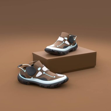 Kahverengi arka planda kutu paketi olan ayakkabı konsepti. Paket tasarımı. 3d illüstrasyon.