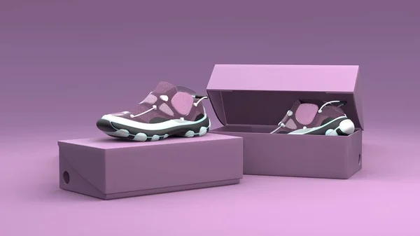 鞋类概念与盒子包装的紫色背景 包装设计 3D说明 — 图库照片