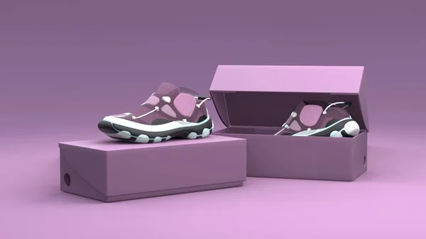 Concept Chaussures Avec Boîte Sur Fond Mauve Conception Paquet Illustration — Photo