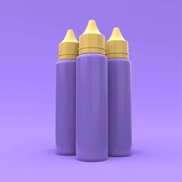 Mor arkaplandaki üç plastik şişenin maketi. Paket tasarımı. 3d illüstrasyon.