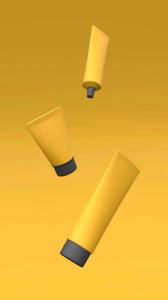 プラスチックチューブモックアップは黄色の背景に空気中を飛んでいます パッケージデザイン 3Dイラスト — ストック写真