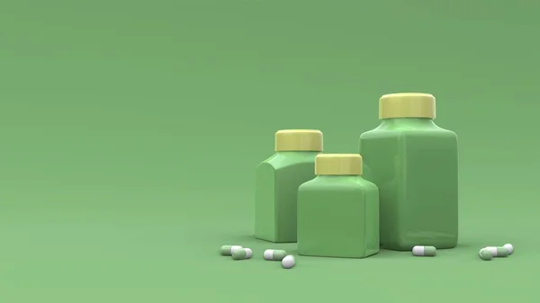 Medicamentos Botellas Plástico Con Pastillas Alrededor Fondo Verde Diseño Del —  Fotos de Stock