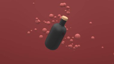 Kırmızı arka planda havada yüzen kürelerle uçan plastik şişe. Paket tasarımı. 3d illüstrasyon.