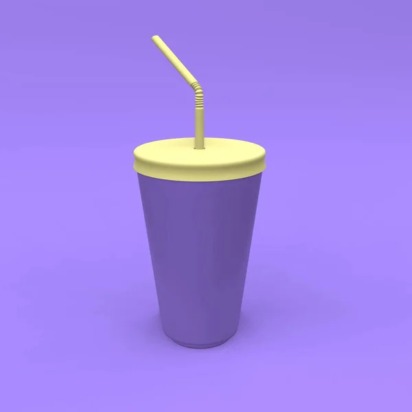 紫の背景に藁モックアップ付きのプラスチックカップ パッケージデザイン 3Dイラスト — ストック写真