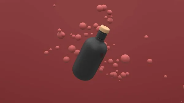 Botella Plástico Volando Aire Sobre Fondo Rojo Con Esferas Flotantes —  Fotos de Stock