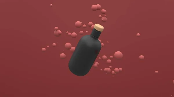 Kırmızı arka planda havada yüzen kürelerle uçan plastik şişe. Paket tasarımı. 3d illüstrasyon.