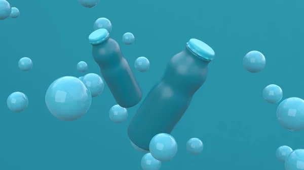 Dos Botellas Volando Aire Sobre Fondo Azul Con Esferas Flotantes — Foto de Stock