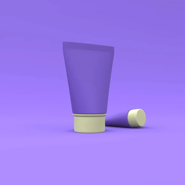 塑料管模拟化妆品与帽子 紫色背景 包装设计 3D说明 — 图库照片