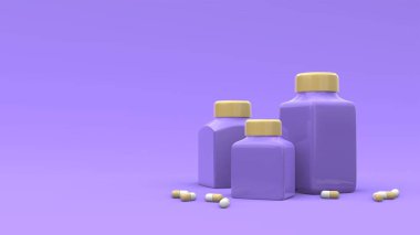 Mor arka planda haplar olan plastik ilaç şişeleri. İlaç paketi tasarımı. 3d illüstrasyon.