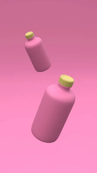 Traino Bottiglie Plastica Che Volano Aria Sullo Sfondo Rosa Progettazione — Foto Stock
