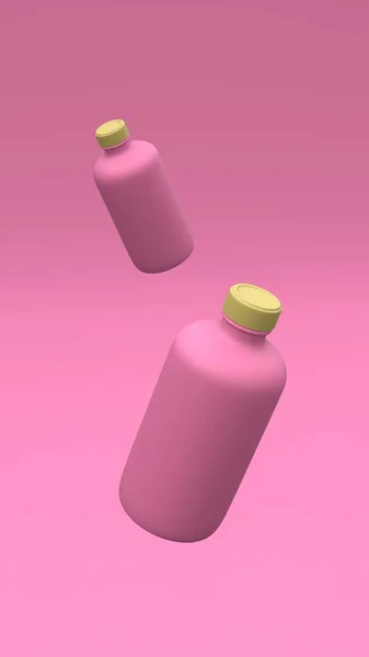 Tow Plastic Bottles Flying Air Pink Background Package Design Illustration — Stock Photo, Image