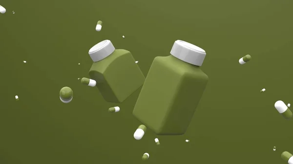 Medicina Garrafas Plástico Voando Sobre Fundo Verde Com Pílulas Flutuantes — Fotografia de Stock