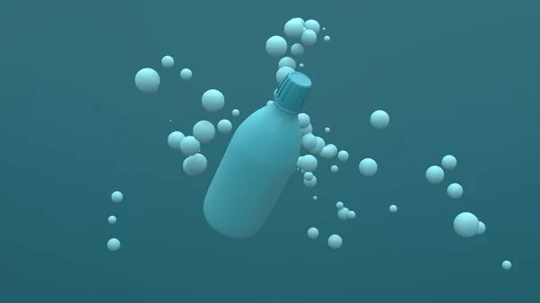 Mavi arka planda havada yüzen kürelerle uçan plastik şişe. Paket tasarımı. 3d illüstrasyon.