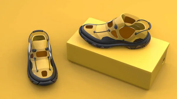 黄色の背景にボックスパッケージと履物の概念 モダンなデザイン 3Dイラスト — ストック写真
