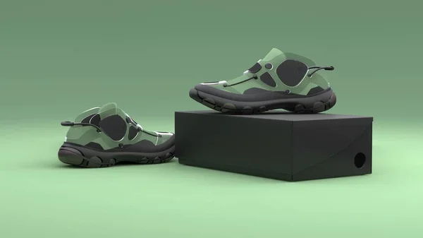 Concept Chaussures Avec Emballage Boîte Sur Fond Vert Design Moderne — Photo