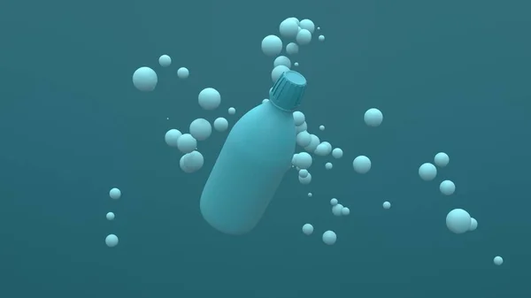 Plastic Fles Vliegen Lucht Blauwe Achtergrond Met Drijvende Bollen Pakketontwerp Rechtenvrije Stockfoto's