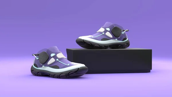Концепція Взуття Коробчатим Пакетом Фіолетовому Тлі Дизайн Пакунків Ілюстрація — стокове фото