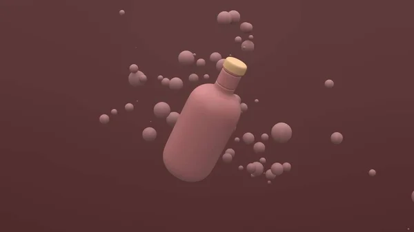 塑料瓶在空气中飘扬在棕色的背景上 带有漂浮的球体 包装设计 3D说明 图库图片