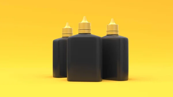 Mockup Delle Tre Bottiglie Liquido Vaporizzatore Plastica Sullo Sfondo Giallo — Foto Stock