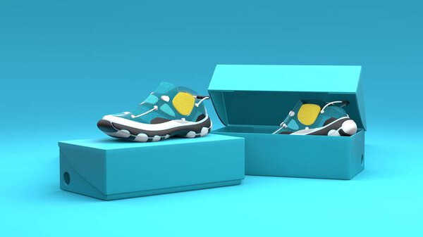 Footwear concept with box package on the blue background. Package design. 3d illustration.