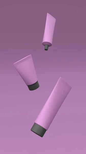 Tubos Plástico Mockup Voando Sobre Fundo Malva Projeto Pacote Ilustração — Fotografia de Stock