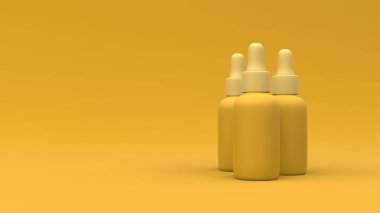 Sarı arka planda plastik sıvı şişeler var. Paket tasarımı. 3d illüstrasyon.