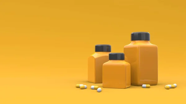 Medicamentos Botellas Plástico Con Pastillas Alrededor Fondo Amarillo Diseño Del — Foto de Stock