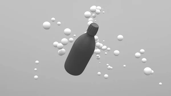 Garrafa Plástico Voando Sobre Fundo Branco Com Esferas Flutuantes Projeto — Fotografia de Stock