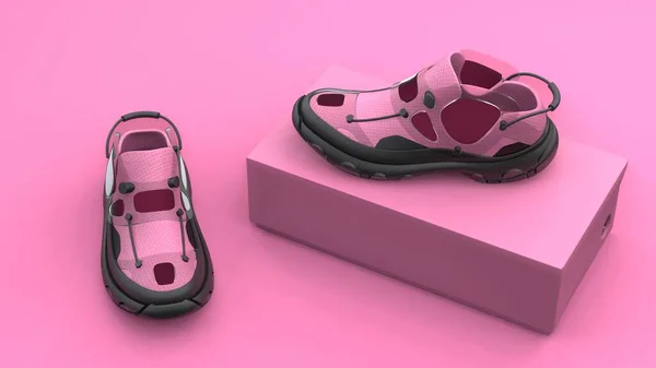 Concept Chaussures Avec Emballage Boîte Sur Fond Rose Design Moderne — Photo