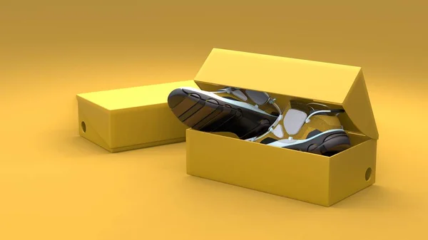 Пара Взуття Упаковці Жовтому Тлі Сучасний Дизайн Ілюстрація — стокове фото