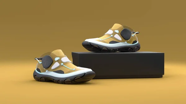 鞋类概念与盒子包装的黄色背景 包装设计 3D说明 — 图库照片