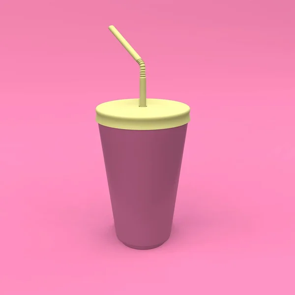 ピンクの背景にストローモックアップ付きのプラスチックカップ パッケージデザイン 3Dイラスト — ストック写真