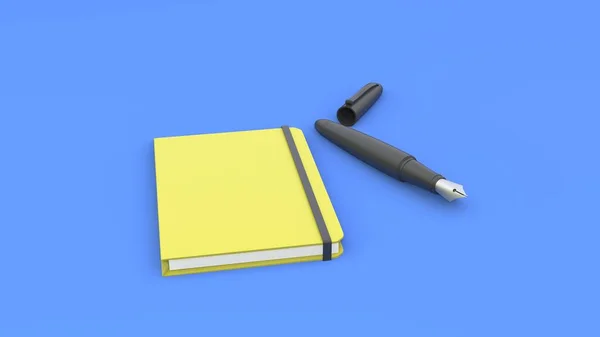 Blocco Note Penna Inchiostro Sullo Sfondo Blu Disegno Burlone Illustrazione — Foto Stock