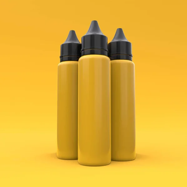 Sarı arkaplandaki üç plastik sıvı şişenin maketi. Paket tasarımı. 3d illüstrasyon.