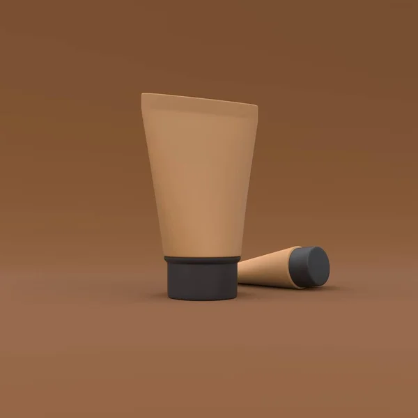 Műanyag Csövek Mockup Kozmetikumok Sapkával Barna Háttér Csomagtervezés Illusztráció — Stock Fotó
