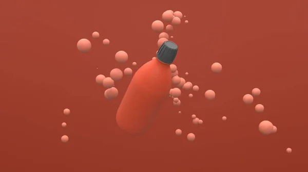Kırmızı arka planda havada yüzen kürelerle uçan plastik şişe. Paket tasarımı. 3d illüstrasyon.