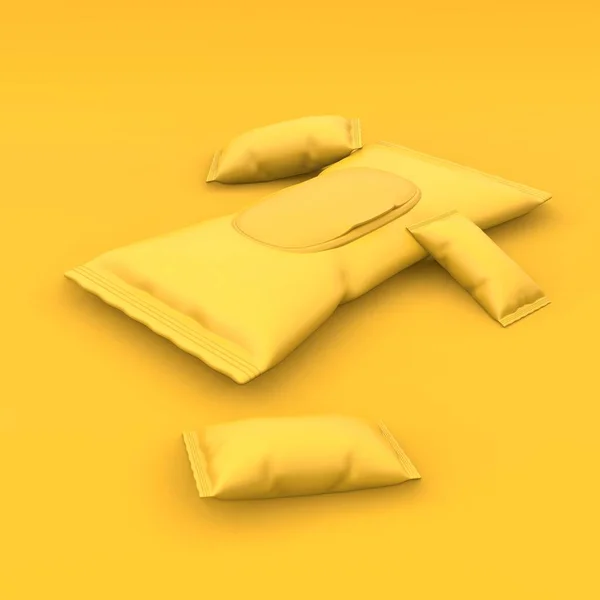 Blank wet wipes package mockup, on the yellow background. Package design. 3d illustration.