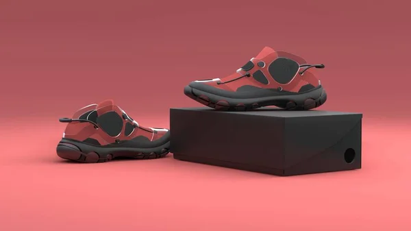 Concept Chaussures Avec Emballage Boîte Sur Fond Rouge Design Moderne — Photo