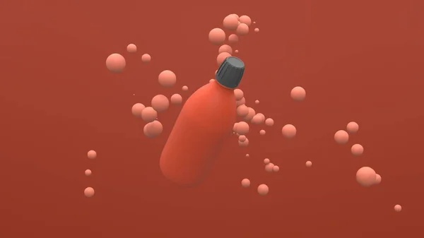 塑料瓶在空气中飘扬在红色的背景与浮动的球体 包装设计 3D说明 图库图片