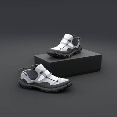 Siyah arka planda kutu paketi olan ayakkabı konsepti. Paket tasarımı. 3d illüstrasyon.